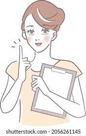 Illustration of a female counselor who holds a file and introduces points in an easy-to-understand manner svg