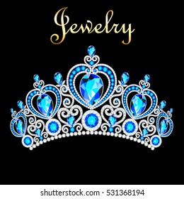 Illustration female crown, tiara, with blue precious stones