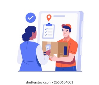 Ilustração de uma cliente do sexo feminino que paga em dinheiro a um mensageiro do sexo masculino enquanto recebe um pacote. A entrega ocorre em frente a uma interface de aplicativo móvel com rastreamento de pedidos e uma lista de verificação