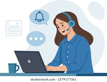 Illustration of a female customer service representative working at a desk. She is typing on a laptop.