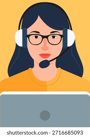 Ilustración de una operadora de Asistencia al cliente con auriculares delante de una pantalla de computadora portátil