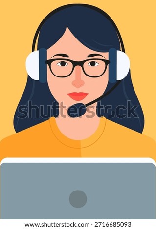 Illustration of a female customer support operator wearing headphones in front of a laptop screen