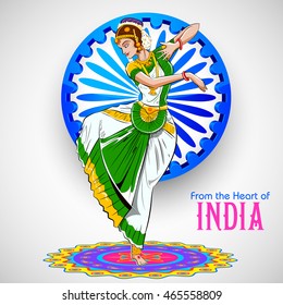 illustration of female dancer dancing on Indian background showing colorful culture of India