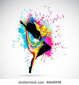 illustration of female dancing on abstract grungy background