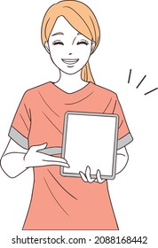 Ilustración de una mujer 
higienista dental sujetando una tablet.