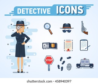 Illustration Of A Female Detective With Different Icons. Magnifying Glass, Detective Hat, Badge, Stop Sign, Fingerprints, Gun, Paper, Document, Police Car. Flat Style Vector Illustration