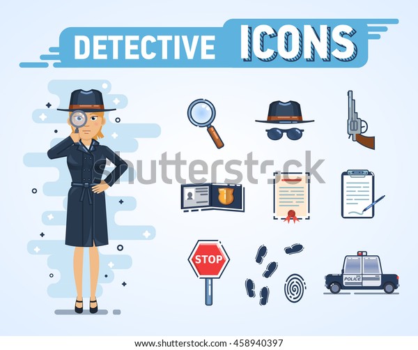 Illustration of a female detective with\
different icons. Magnifying glass, detective hat, badge, stop sign,\
fingerprints, gun, paper, document, police car. Flat style vector\
illustration