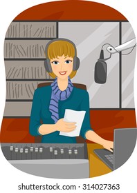 Illustration Of A Female Disc Jockey Reading A Piece Of Paper