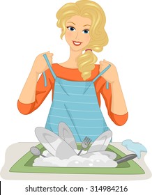 Illustration of a Female Dishwasher Putting an Apron On