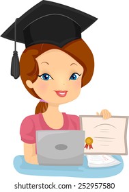 Illustration of a Female Distance Education Graduate Showing Her Diploma
