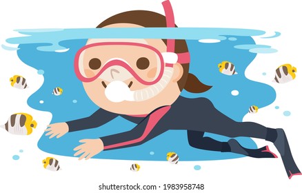 Illustration of a female diver wearing a diving suit. A woman is swimming with a fish in the sea.