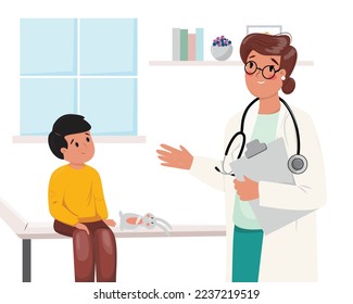 Illustration of female doctor and a boy talking about his problems. Paediatric, health care, body care, medicine concept illustration. 
