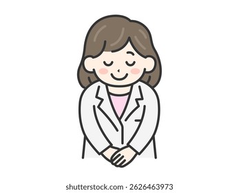 Illustration of a female doctor (color line drawing) bowing.