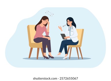 Illustration of a female doctor consulting a distressed woman, discussing mental health or stress management in a clinical setting.
 Perfect for healthcare, therapy, or emotional wellness themes.