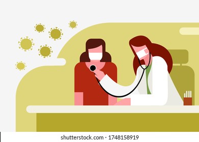 Illustration of a female doctor examining a patient. Both wearing mask to prevent virus spread.