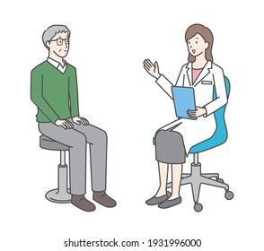 Illustration of a female doctor examining a senior man.