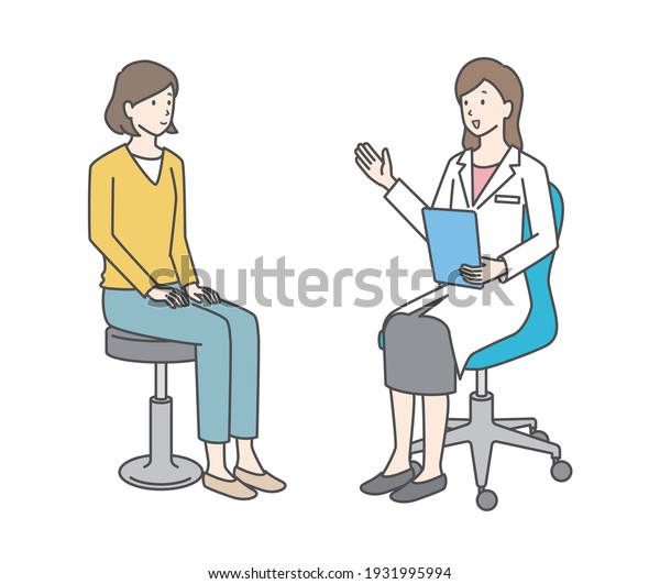 Illustration\
of a female doctor examining a young\
woman.