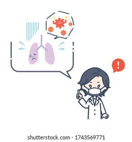 It is an illustration of a female doctor explaining pneumonia caused by coronavirus. Vector image.