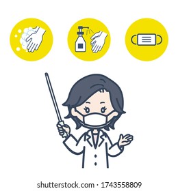 It is an illustration of a female doctor explaining the prevention of infectious diseases. Vector image.