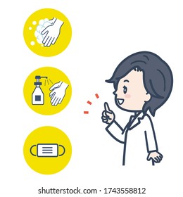 It is an illustration of a female doctor explaining the prevention of infectious diseases. Vector image.