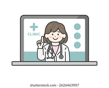 Illustration of a female doctor (line drawing color) wearing a stethoscope, conducting online medical treatment on a computer.