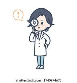 It is an illustration of a female doctor with a magnifying glass. Vector image.