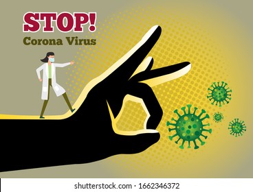 An illustration of female doctor on big black hand fight to Corona Virus outbreak