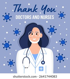 Illustration of a female doctor on a blue background.