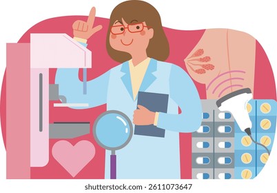 Illustration of a female doctor performing a breast cancer examination