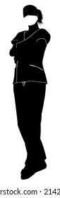 An illustration of a female doctor or surgeon in scrubs and surgical mask.