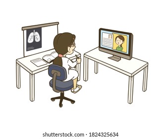 Illustration of a female doctor using a computer for remote treatment. Vector illustration on white background.