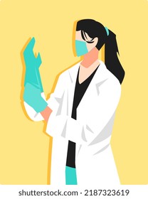 illustration of a female doctor wearing gloves. wear masks, lab coats. hospital concept, surgery, profession, preparation. flat vector style