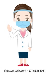 Illustration of a female doctor wearing a mask and face shield, image of infection prevention.