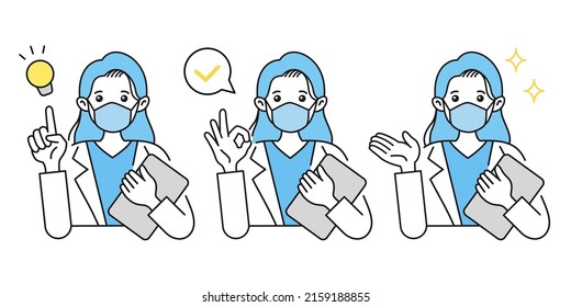 Illustration of a female doctor wearing a mask. Suggestions, advice, explanations. Gesture. White coat.