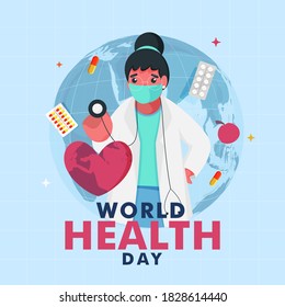 Illustration of Female Doctor Wearing Medical Mask with Heart Checkup from Stethoscope and Medicines for World Health Day.