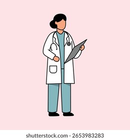 Illustration of a female doctor wearing a white coat, carrying a clipboard, wearing a stethoscope, with a pink background, suitable for health, hospital, and medical themes.