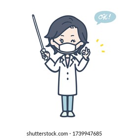 It is an illustration of a female doctor who has an instruction stick and makes an OK sign. She is wearing a mask. Vector image.
