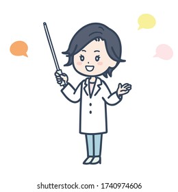 It is an illustration of a female doctor who speaks with an instruction stick. Vector image.