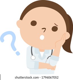 Illustration of a female doctor. A woman thinking with a question mark.