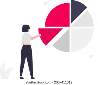 illustration female does a review of the data results from the pie chart. Vector illustrations