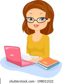 Illustration of a Female Editor in Glasses Reading Documents