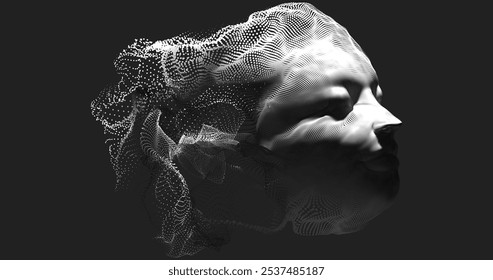 Illustration of female elf face with black and white texture. Made from many dots and particles. Vector illustration.