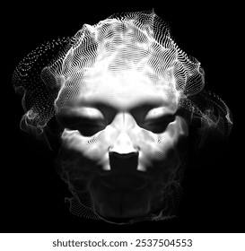 Illustration of female elf face with black and white texture. Made from many dots and particles. Vector illustration.