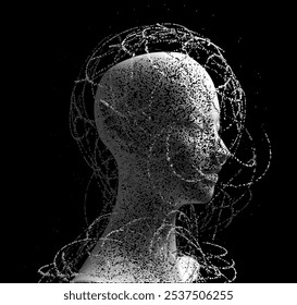 Illustration of female elf face with black and white texture. Made from many dots and particles. Vector illustration.