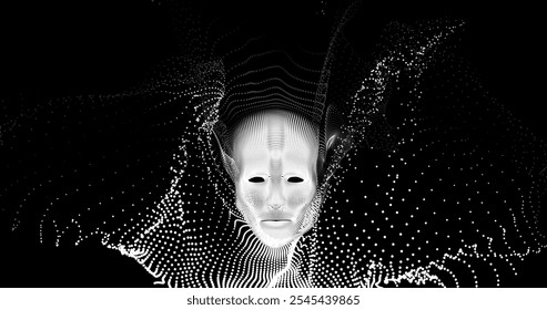 Illustration of female elf face with black and white texture. Made from many dots and particles. Vector illustration.