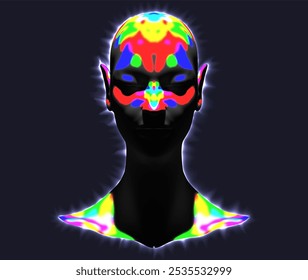 Illustration of a female elf face with multicolored texture. Illuminated with glow along the contour. Vector illustration