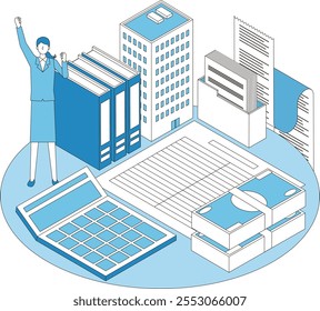 Ilustração de uma funcionária no departamento de contabilidade ou finanças