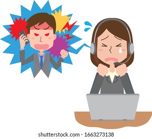Illustration of a female employee of a call center receiving a complaint