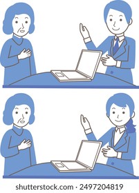 Illustration of a female employee and a male employee serving an elderly woman
