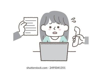 Illustration of a female employee who is in trouble because she is forced to do a lot of work